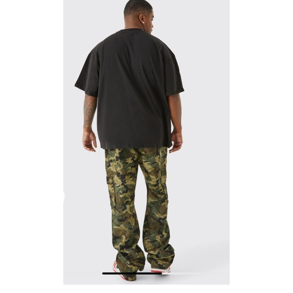 BoohooMan Plus Slim Stacked Flare Multi Cargo Camo Bandana Trouser 46x30 NWT